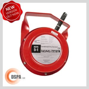 DSPA 5-1 branddämpare i röd design med handtag, nytt automatiskt släcksystem baserat på aerosolteknik för snabba brandinsatser.