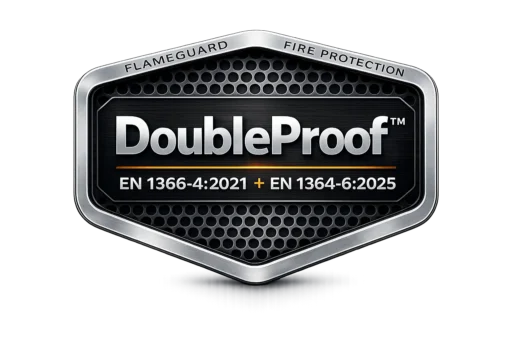 DoubleProof™-badge som visar dubbel verifiering enligt EN 1366-4:2021 och EN 1364-6:2025 för INCA WFS net®.