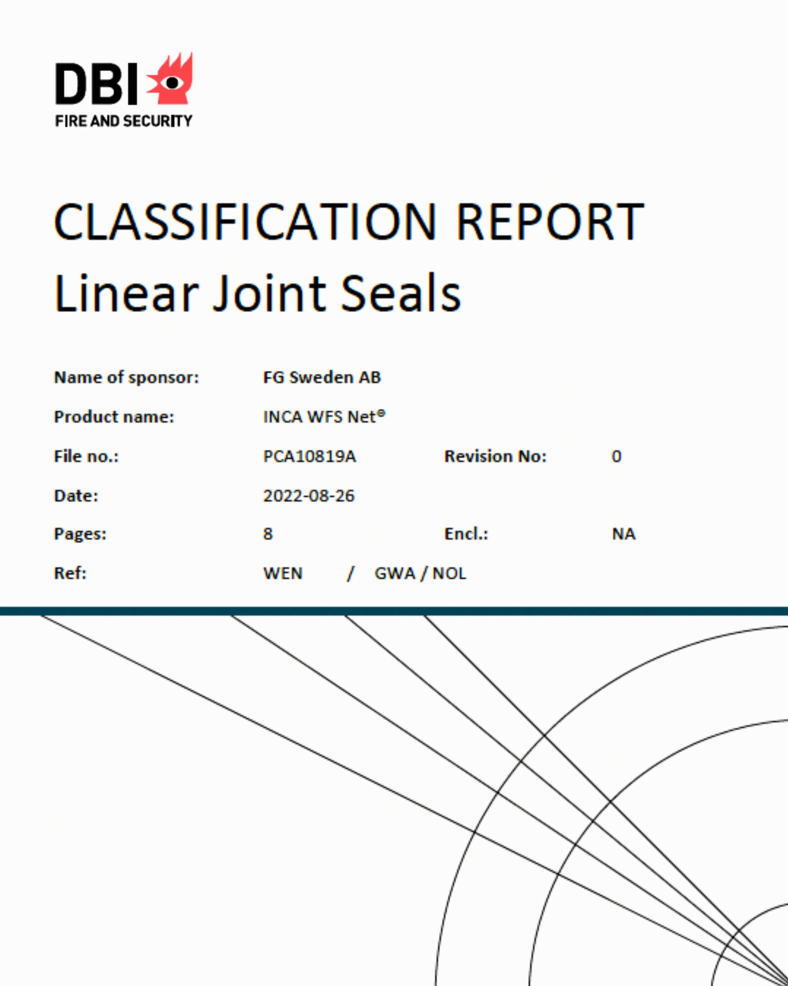Klassificeringsrapport EN 13501-2 – Brandnätet INCA WFS net® Förstasida av DBI:s klassificeringsrapport enligt EN 13501-2 för Brandnätet INCA WFS net®.