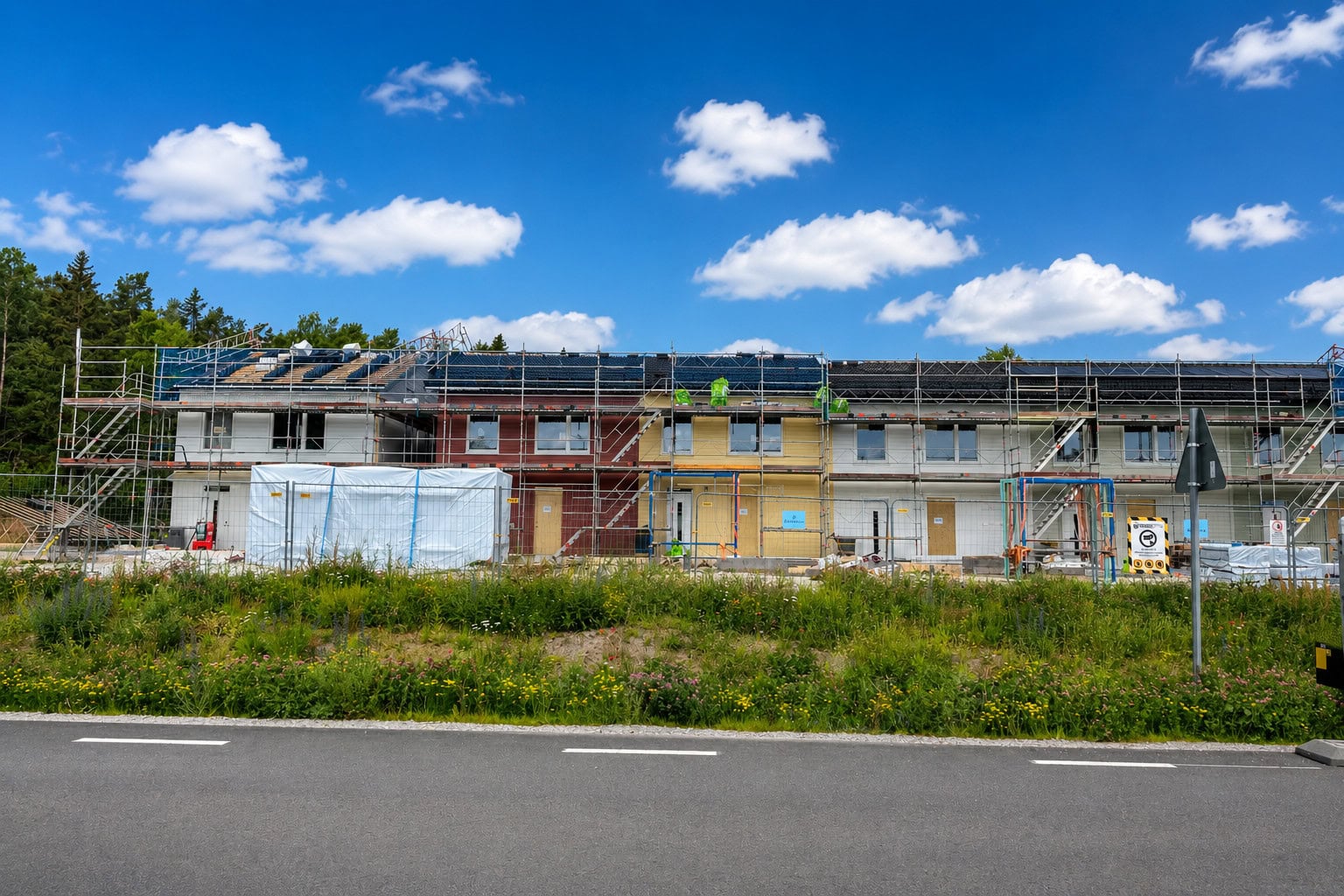 Nybyggnation av radhus där beslut om brandskydd, projektering och dokumentation fattas tidigt i byggprocessen.